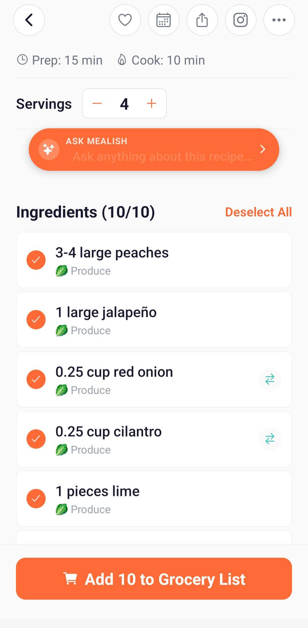 Mealish recipe detail showing extracted ingredients and steps